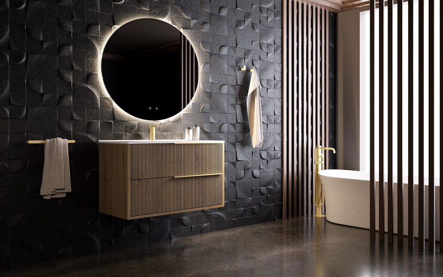 Mueble de baño gris con columna de almacenaje  Cocinas, Baños, Reformas y  Materiales de Construcción