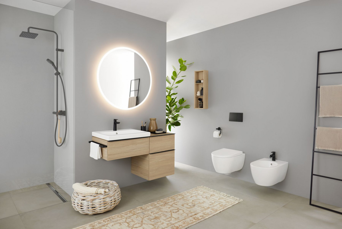 2023 iCon Bathroom with lay on washbasin white matt, WC wall hung white matt, Bidet wall hung white matt, Option Mirror Round 90 light on 1 Big Size