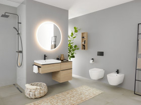 2023 iCon Bathroom with lay on washbasin white matt, WC wall hung white matt, Bidet wall hung white matt, Option Mirror Round 90 light on 1 Big Size